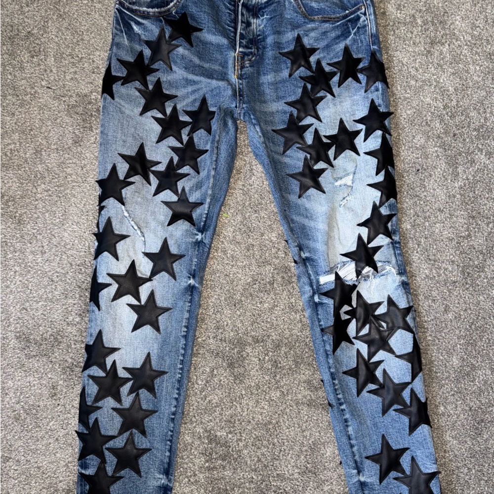 AMIRI Chemist Leather-Appliquéd Distressed Jeans
